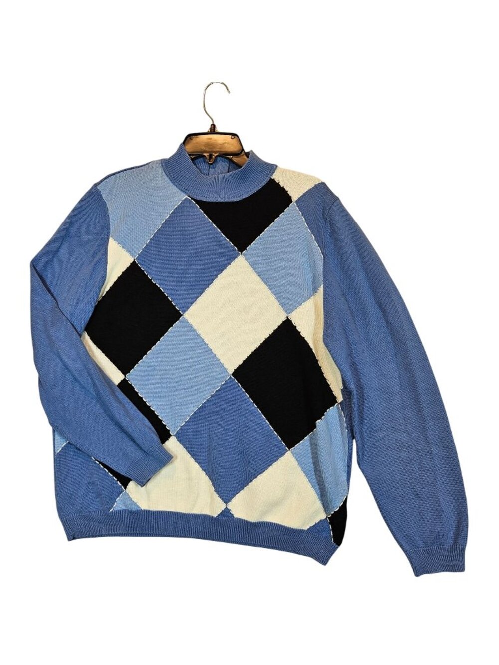 Alfred Dunner retro Argyle sweater womens L blue tight knit career grandmacore